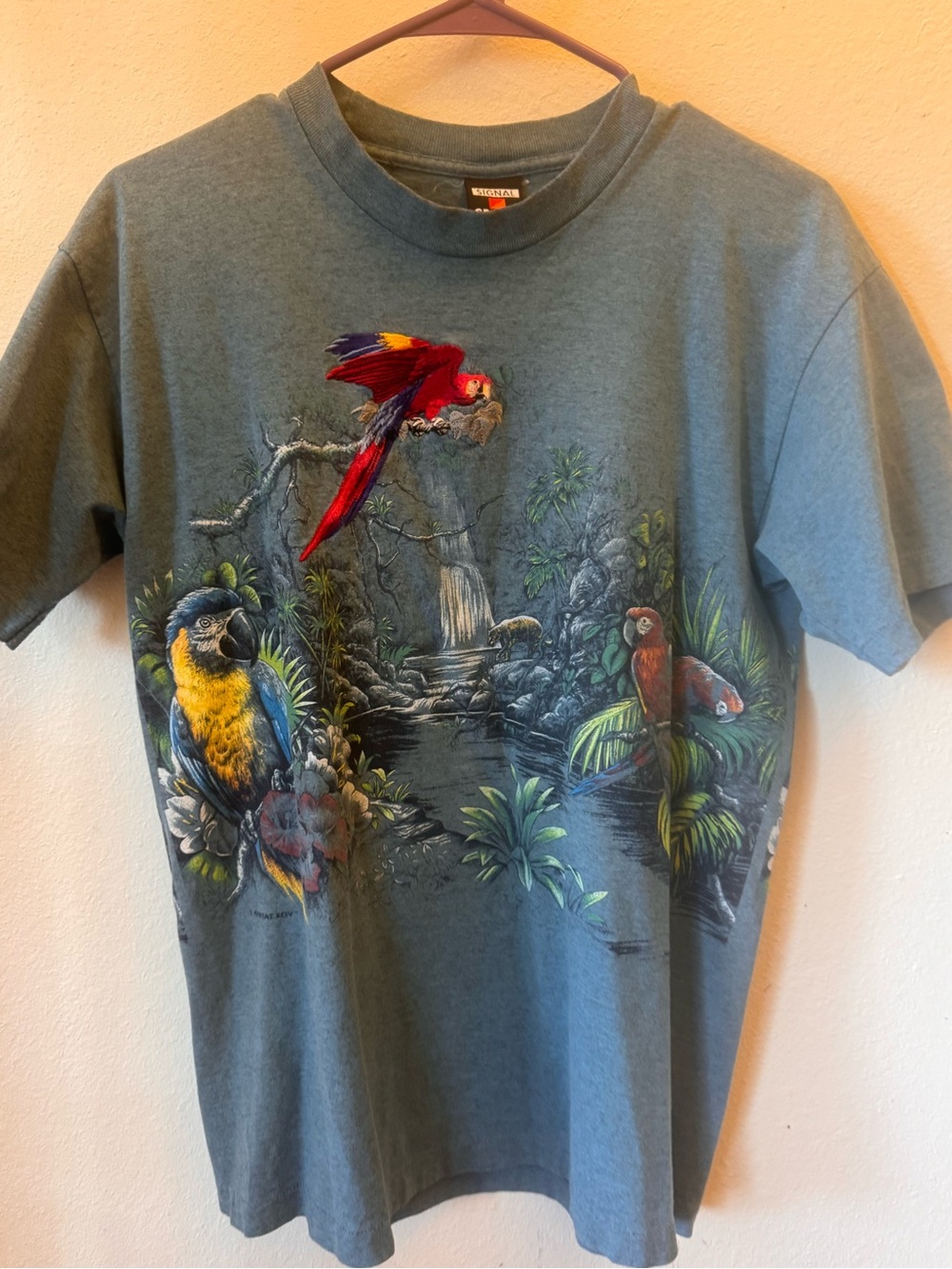 90’s Signal Sport Vintage-Style Blue Parrot Graphic Tee - Pets Bird